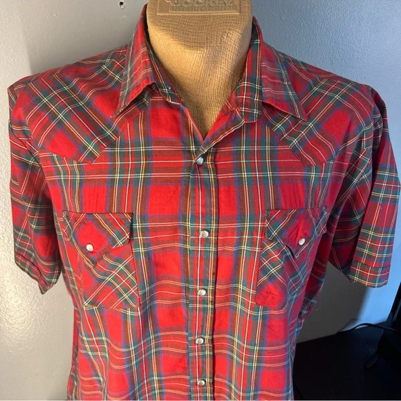 Ely Cattleman Western Red Plaid Shirt Mens XL Pearl Snap Vintage - Picture 2 of 11